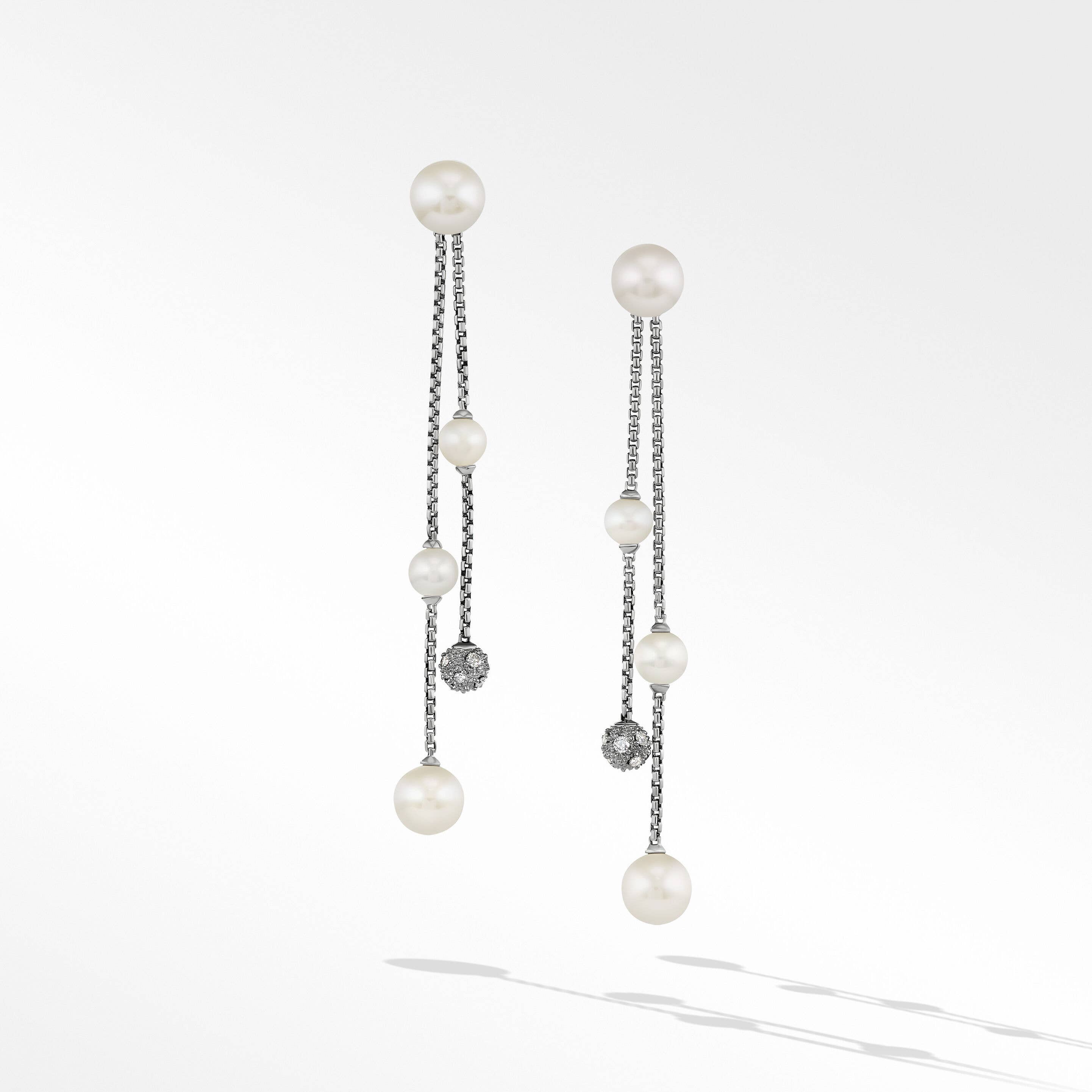 Pearl and Pavé Two Row Drop Earrings in Sterling Silver with Diamonds