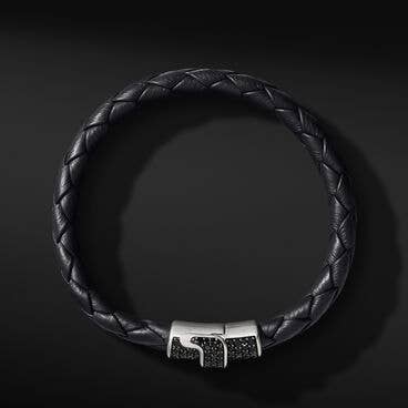 Woven Black Leather Bracelet with Pavé Black Diamonds