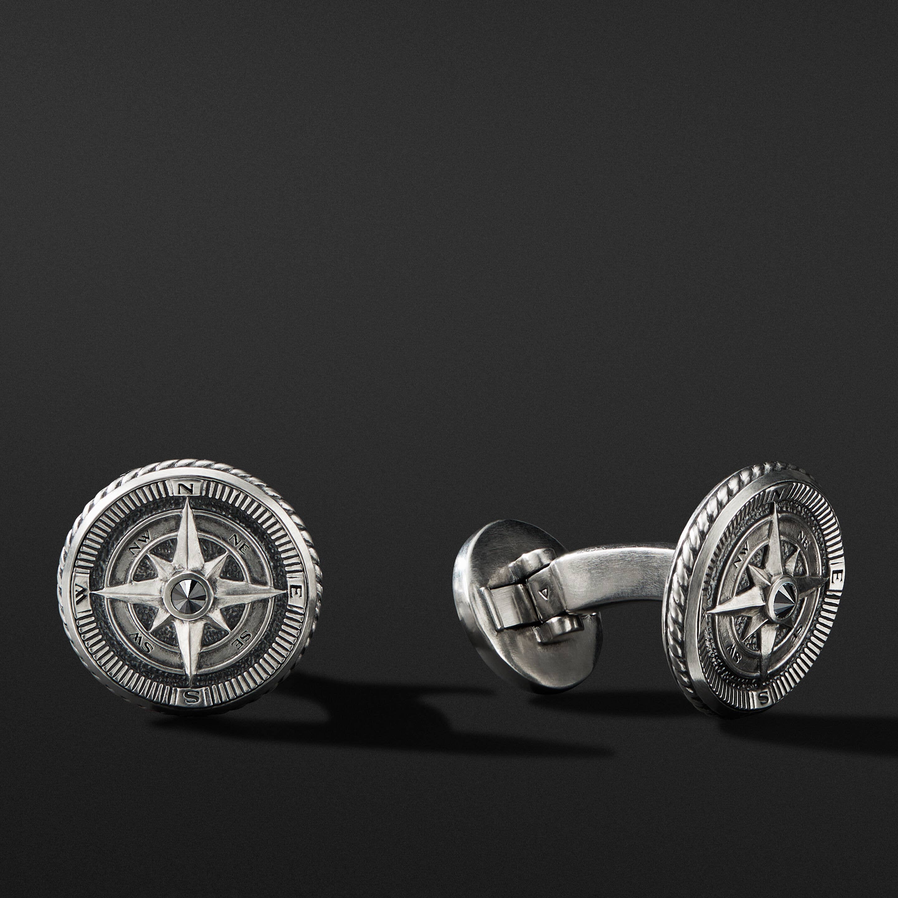 Maritime® Compass Cufflinks in Sterling Silver with Center Black Diamond