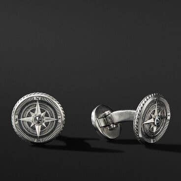Maritime® Compass Cufflinks in Sterling Silver with Center Black Diamond