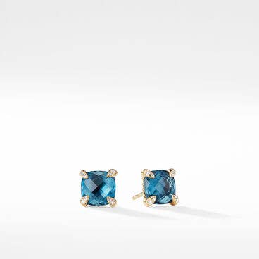Chatelaine® Stud Earrings in 18K Yellow Gold with Hampton Blue Topaz and Pavé Diamonds