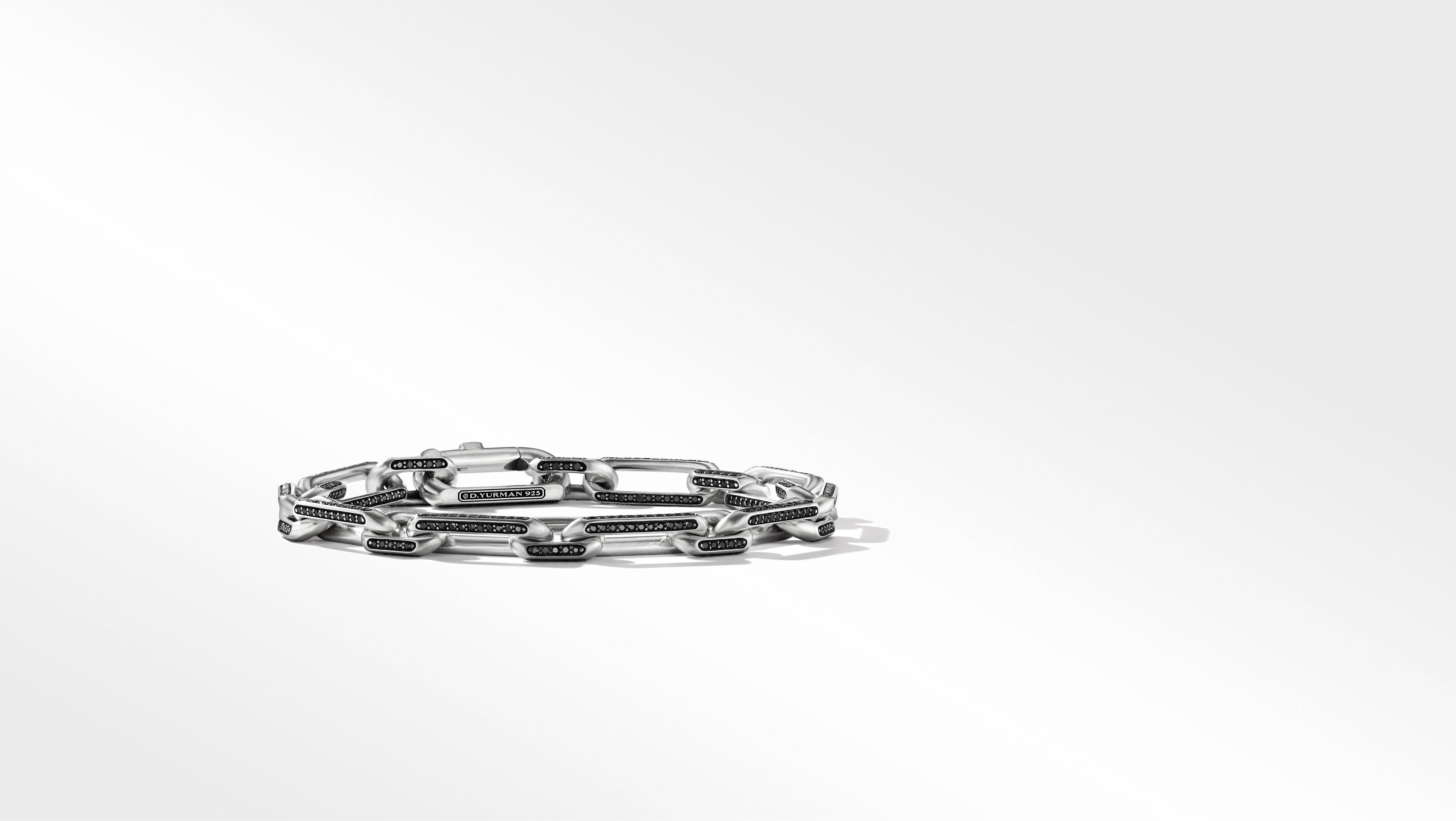 Elongated Open Link Chain Bracelet in Sterling Silver with Pavé Black