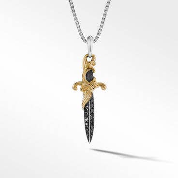 Waves Dagger Amulet in Sterling Silver with Pavé Black Diamonds and 18K Yellow Gold