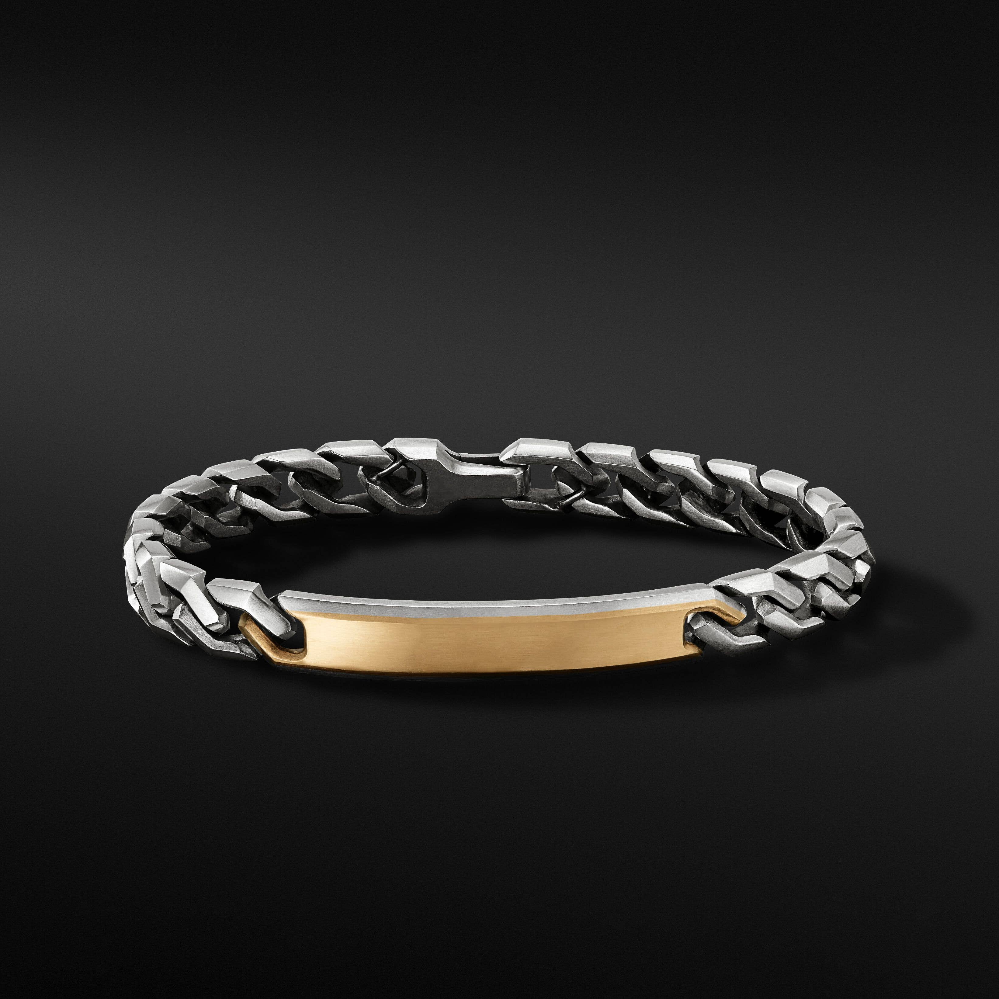 Curb Chain Angular Link ID Bracelet with 18K Yellow Gold