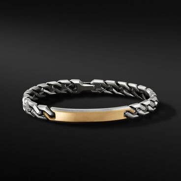 Curb Chain Angular Link ID Bracelet in Sterling Silver with 18K Yellow Gold