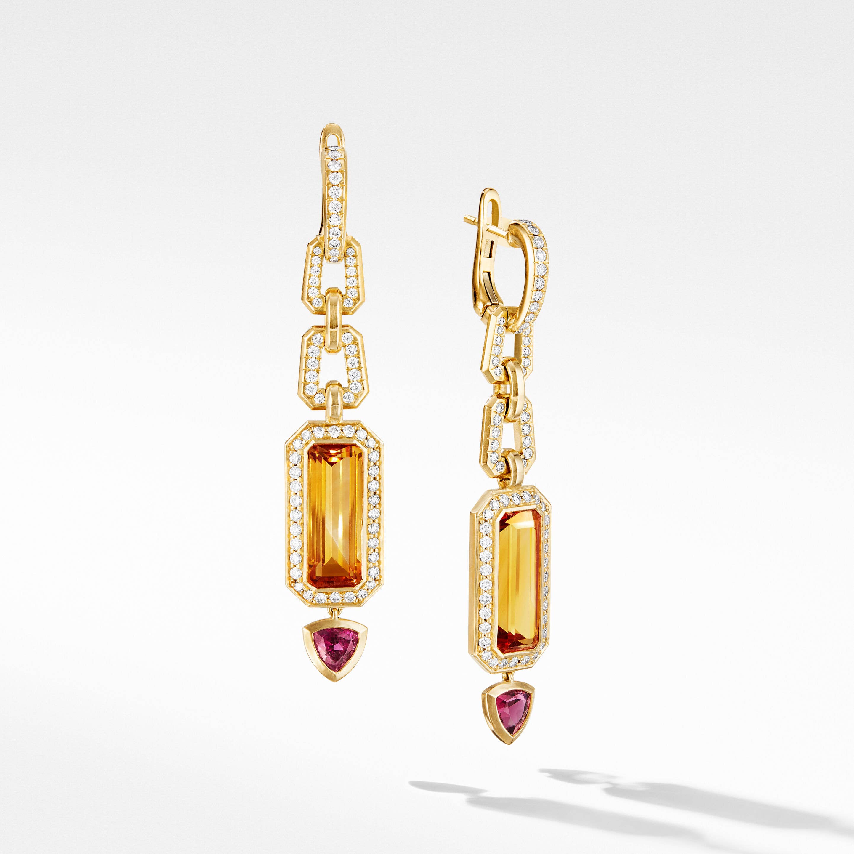 Novella Mosaic Drop Earrings in 18K Yellow Gold with Madeira Citrine, Rubellite and Pavé Diamonds