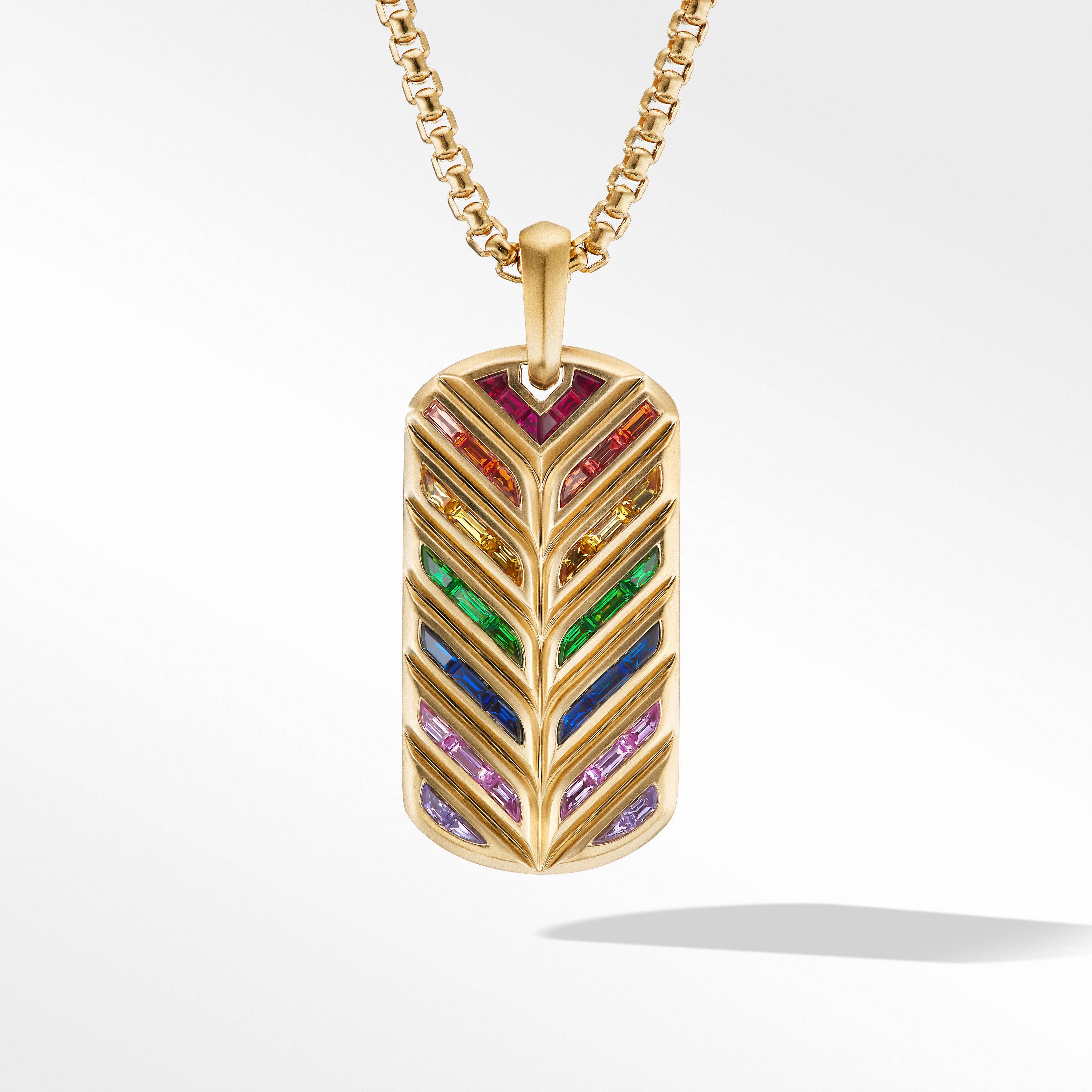 Chevron Tag in 18K Yellow Gold with Rainbow Baguettes