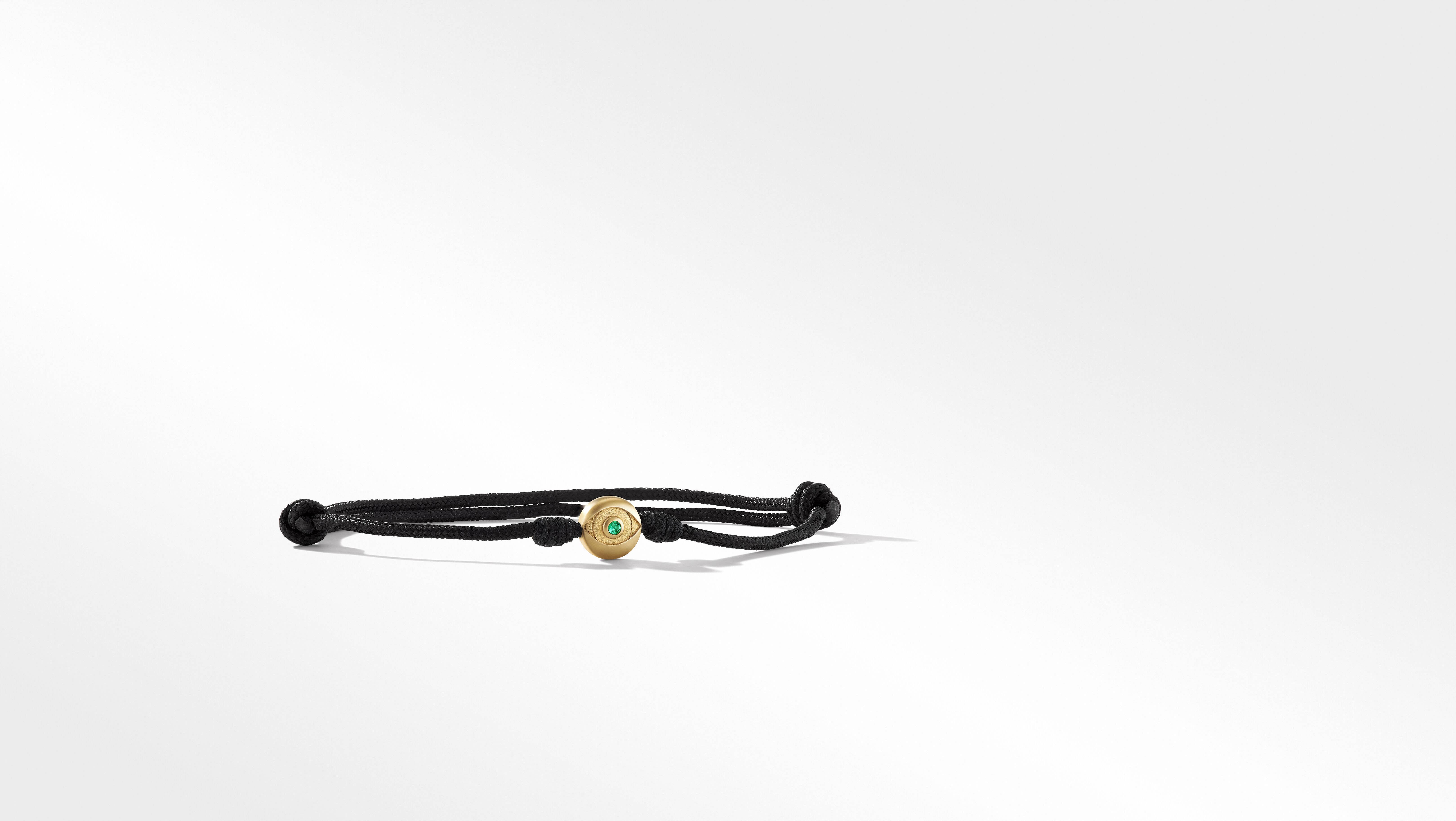 Evil Eye Black Cord Bracelet with 18K Yellow Gold and Emerald