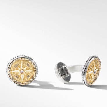 Maritime® Compass Cufflinks in Sterling Silver with 18K Yellow Gold and Center Diamond