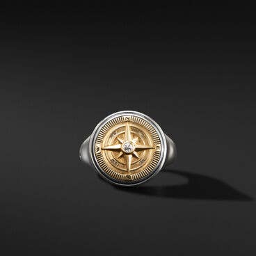 Maritime® Compass Signet Ring in Sterling Silver with 18K Yellow Gold and Center Diamond