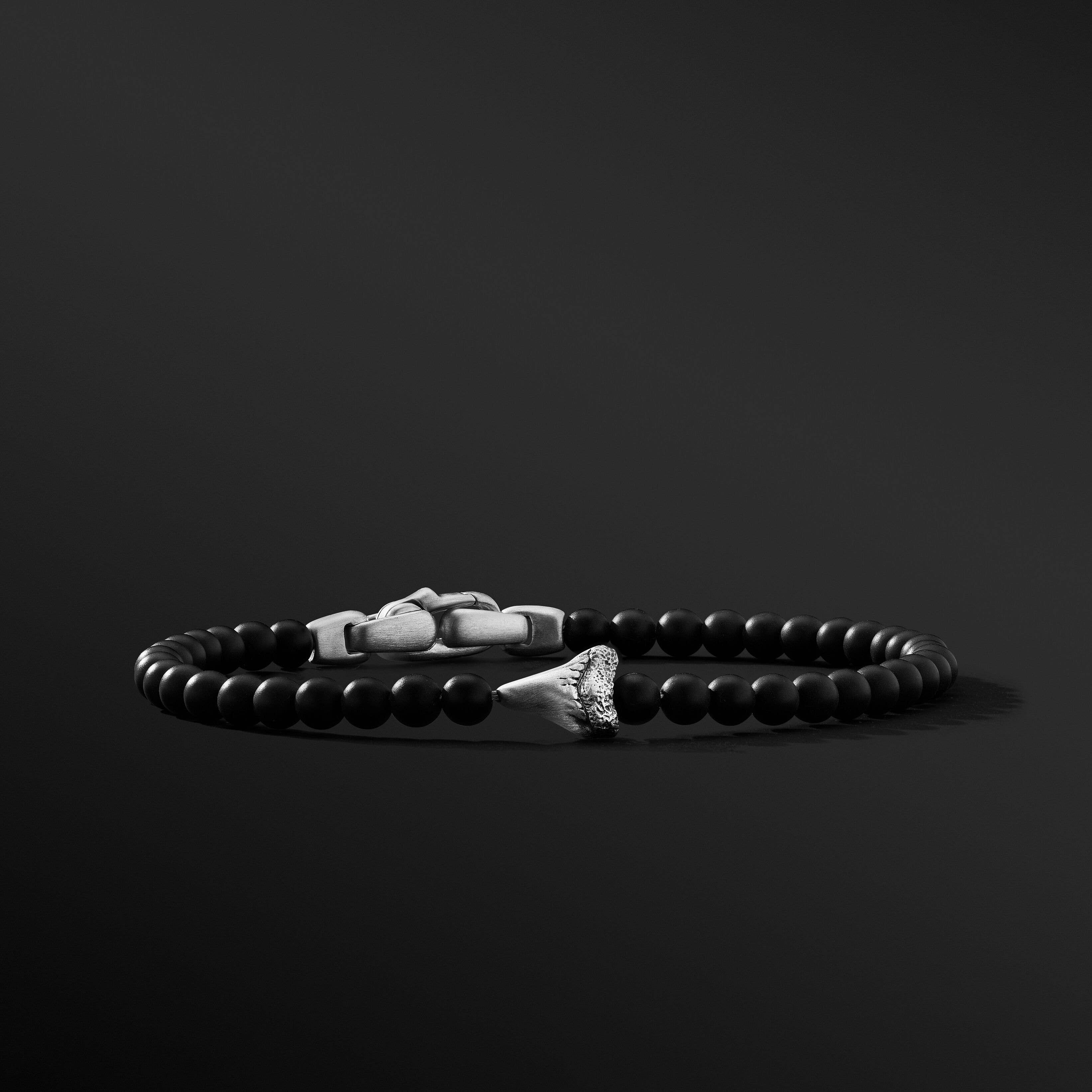 Spiritual Beads Shark Tooth Bracelet in Sterling Silver with Black Onyx