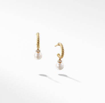 Petite Solari Hoop Drop Earrings in 18K Yellow Gold with Pearls and Pavé Diamonds