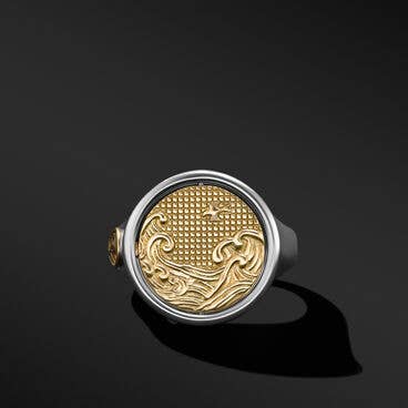 Water and Fire Duality Signet Ring in Sterling Silver with 18K Yellow Gold