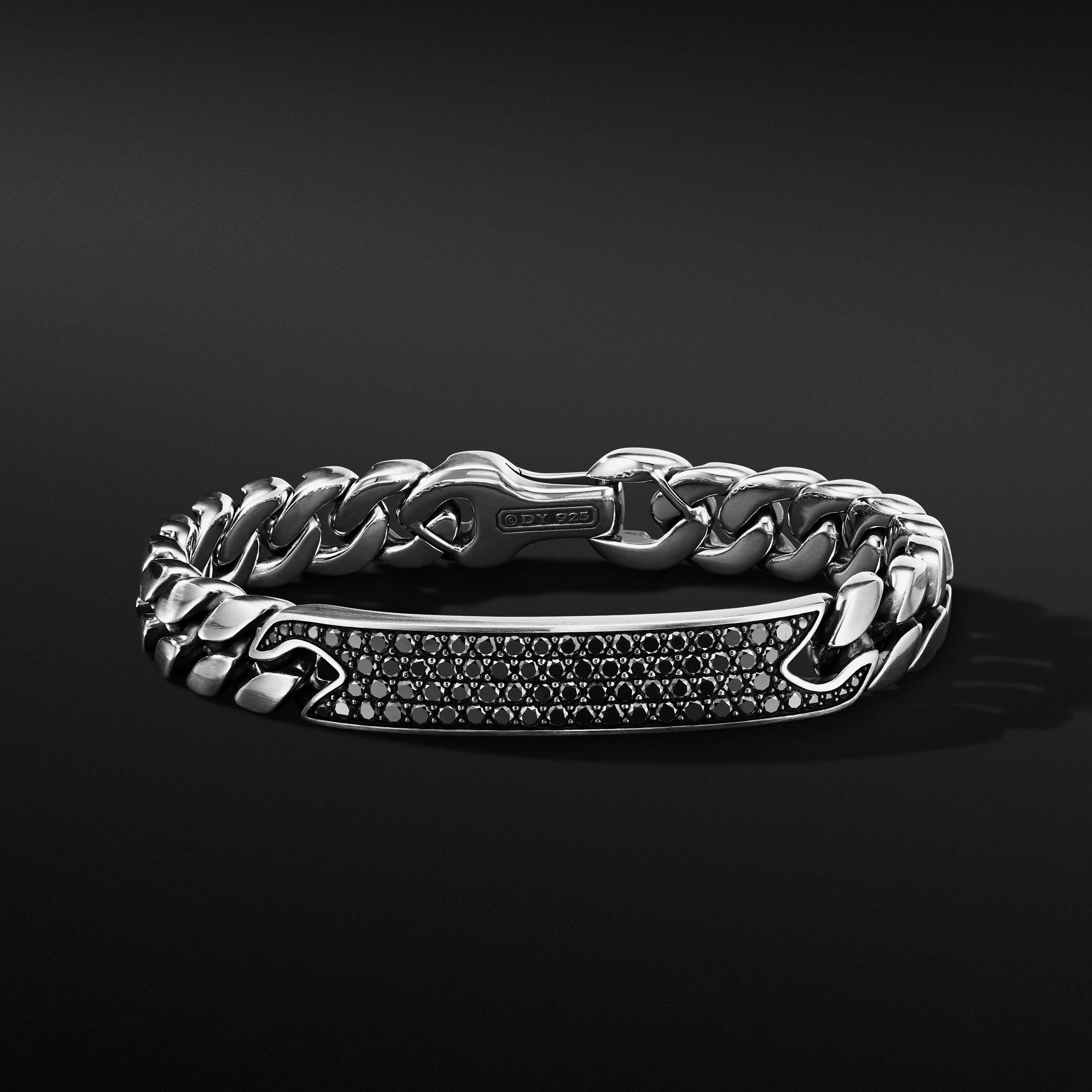 Curb Chain ID Bracelet in Sterling Silver with Pavé Black Diamonds