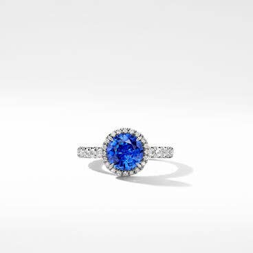 DY Eden Pavé Halo Engagement Ring in Platinum with Blue Sapphire, Round