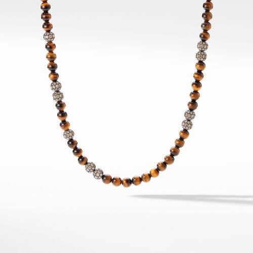 Spiritual Beads Necklace in Sterling Silver with Tiger's Eye and Pavé Cognac Diamonds
