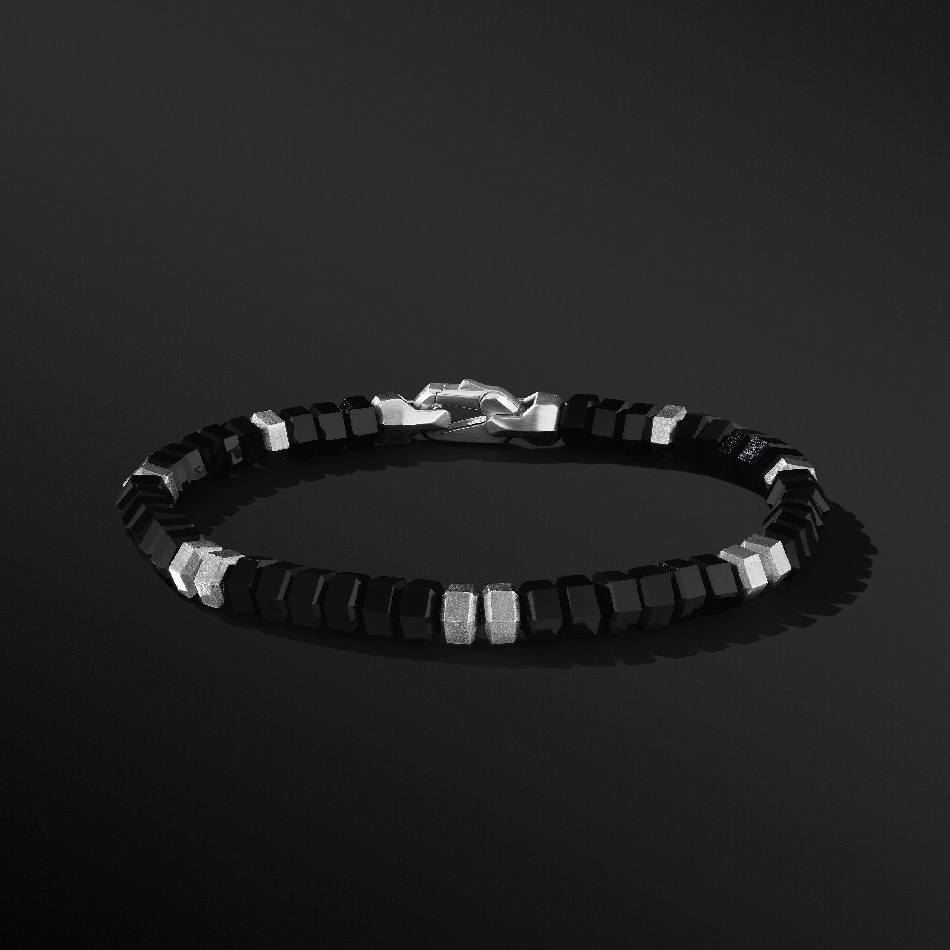 Hex Bead Bracelet in Sterling Silver with Black Onyx
