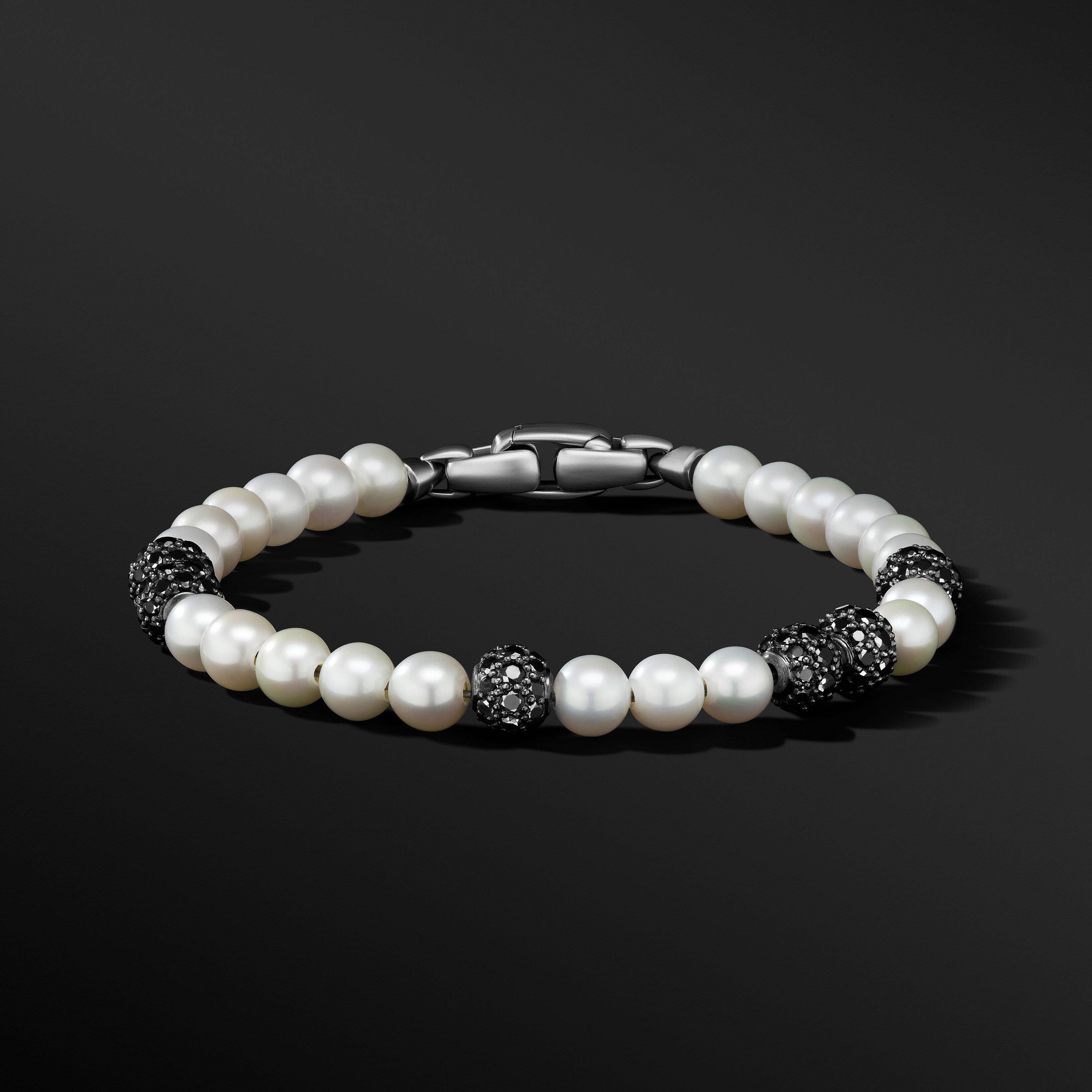 Spiritual Beads Bracelet in Sterling Silver with Pearls and Pavé Black Diamonds