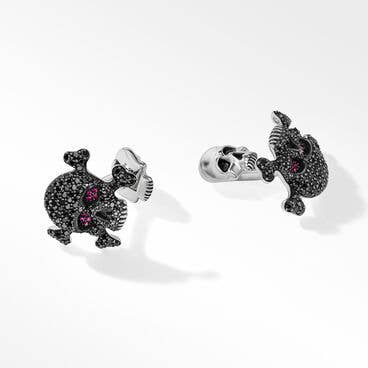 Memento Mori Skull Cufflinks in Sterling Silver with Pavé Black Diamonds and Rubies