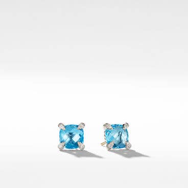 Chatelaine® Stud Earrings in Sterling Silver with Blue Topaz and Pavé Diamonds