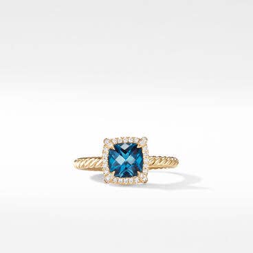 Petite Chatelaine® Pavé Bezel Ring in 18K Yellow Gold with Hampton Blue Topaz and Diamonds