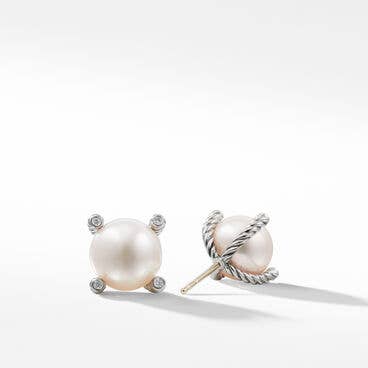 Cable Pearl Stud Earrings with Diamonds