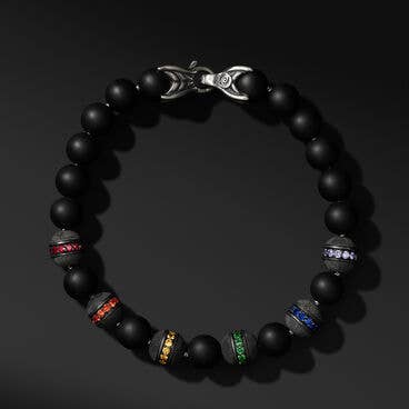 Spiritual Beads Rainbow Bracelet in Sterling Silver with Black Onyx, Pavé Sapphires and Tsavorites