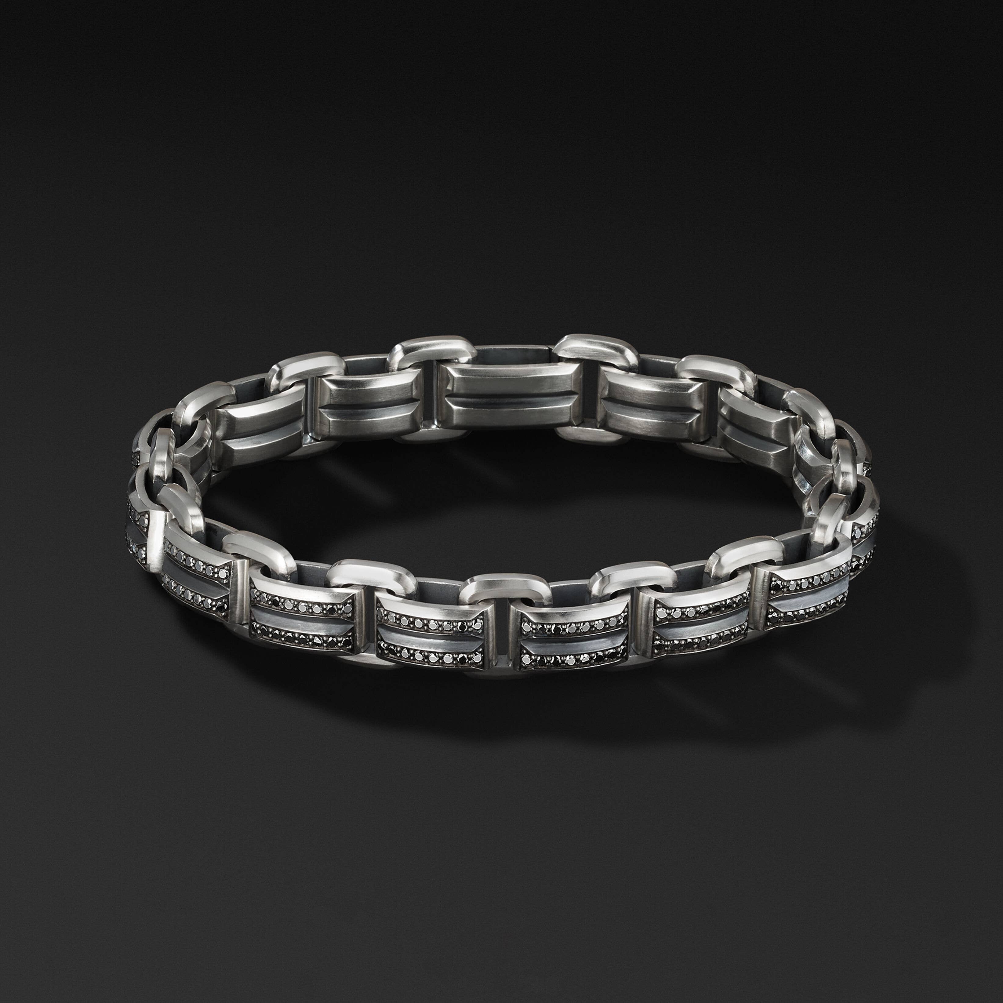 Deco Beveled Link Bracelet in Sterling Silver with Pavé Black Diamonds
