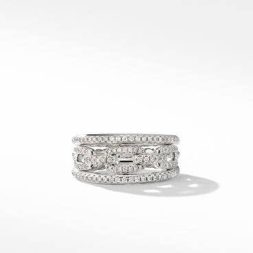 Stax Three Row Chain Link Ring in 18K White Gold and Pavé Diamonds