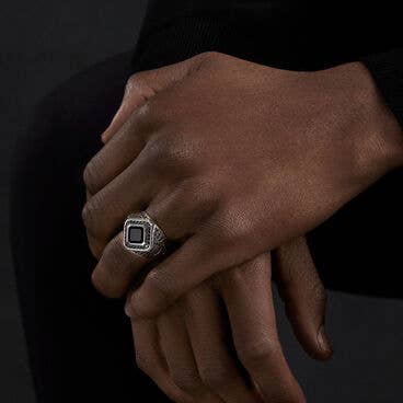 Empire Signet Ring in Sterling Silver with Black Onyx and Full Pavé Black Diamonds