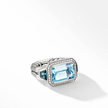 Novella Three Stone Ring with Blue Topaz, Hampton Blue Topaz and Pavé Diamonds