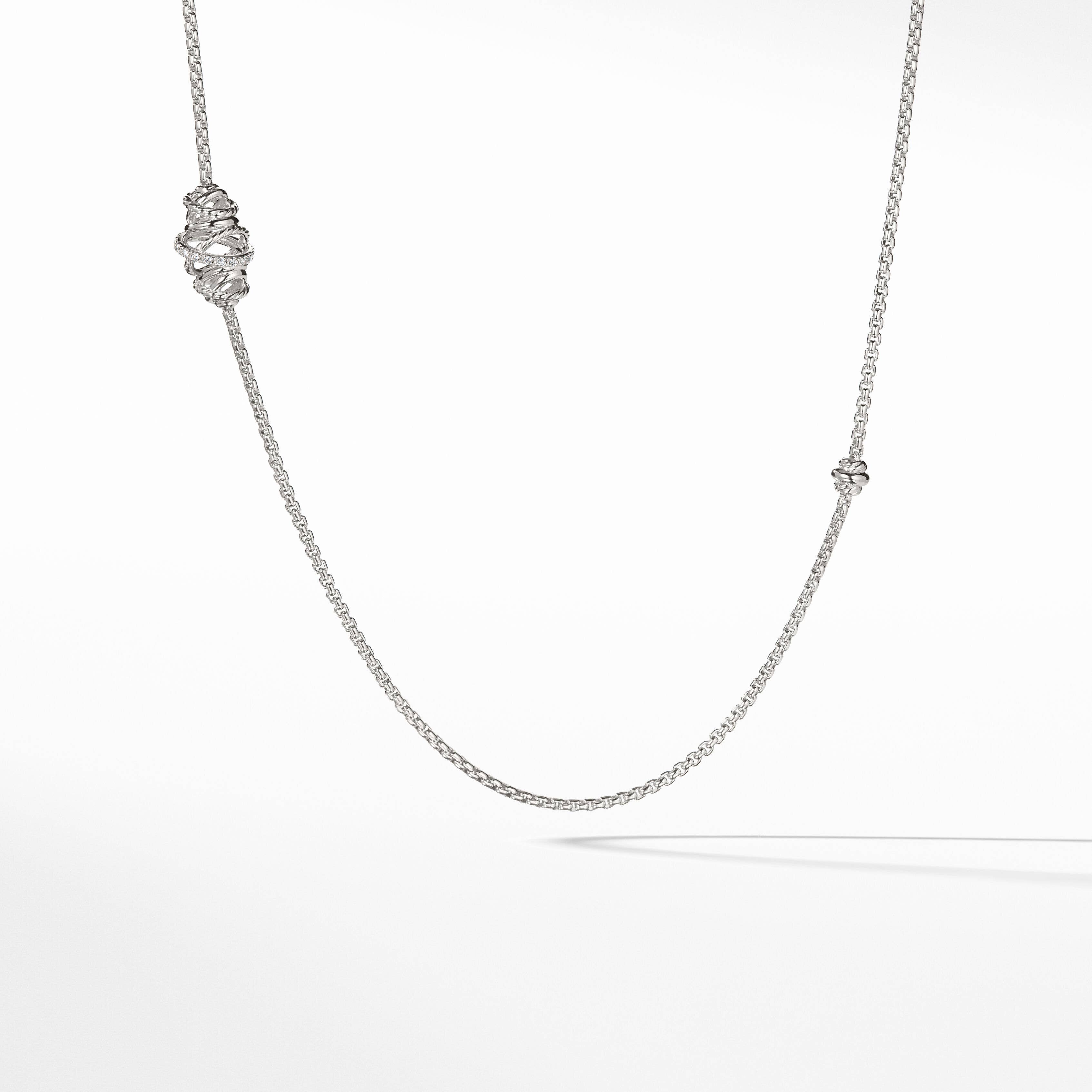 Crossover Station Box Chain Necklace in Sterling Silver with Pavé Diamonds