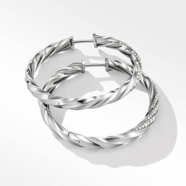 Cable Edge Hoop Earrings in Recycled Sterling Silver with Diamonds, 1.5