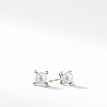 Cable Pearl Stud Earrings with Diamonds