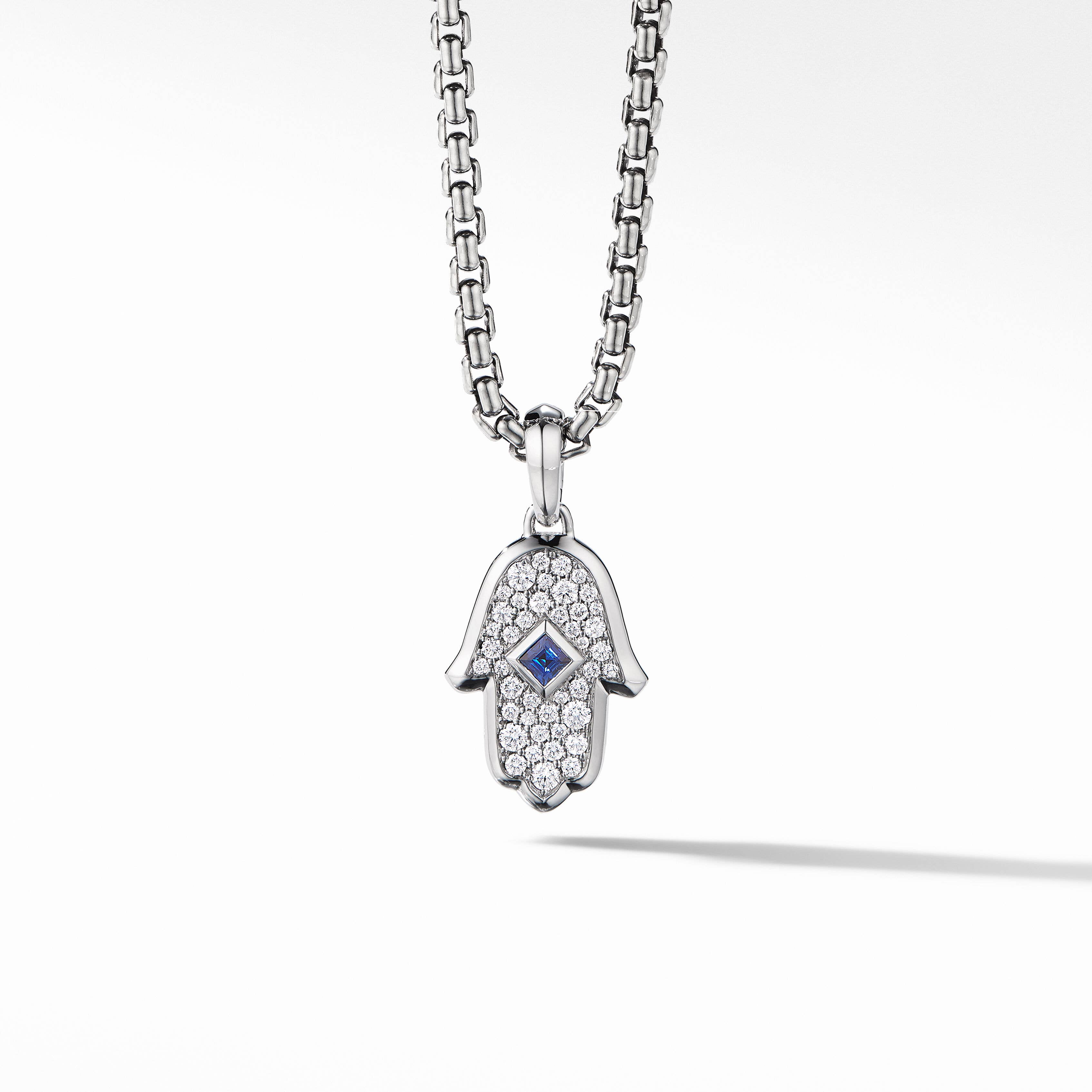Hamsa Amulet in 18K White Gold with Pavé Diamonds and Blue Sapphire