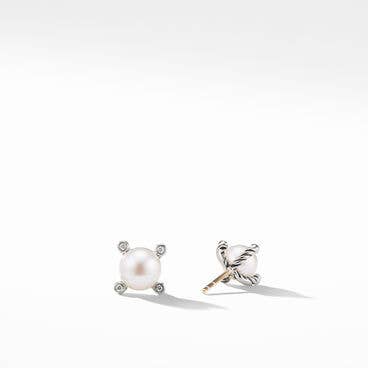 Cable Pearl Stud Earrings in Sterling Silver with Diamonds