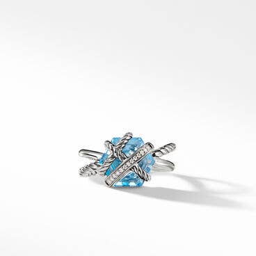 Cable Wrap Ring in Sterling Silver with Blue Topaz and Pavé Diamonds