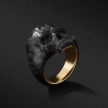 Memento Mori Skull Ring with Forged Carbon and 18K Yellow Gold