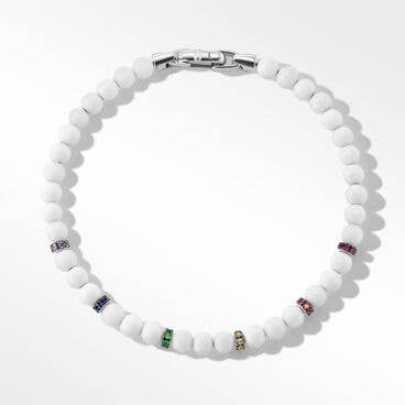 Bijoux Spiritual Beads Rainbow Bracelet in Sterling Silver with White Agate, Pavé Rubies and Sapphires
