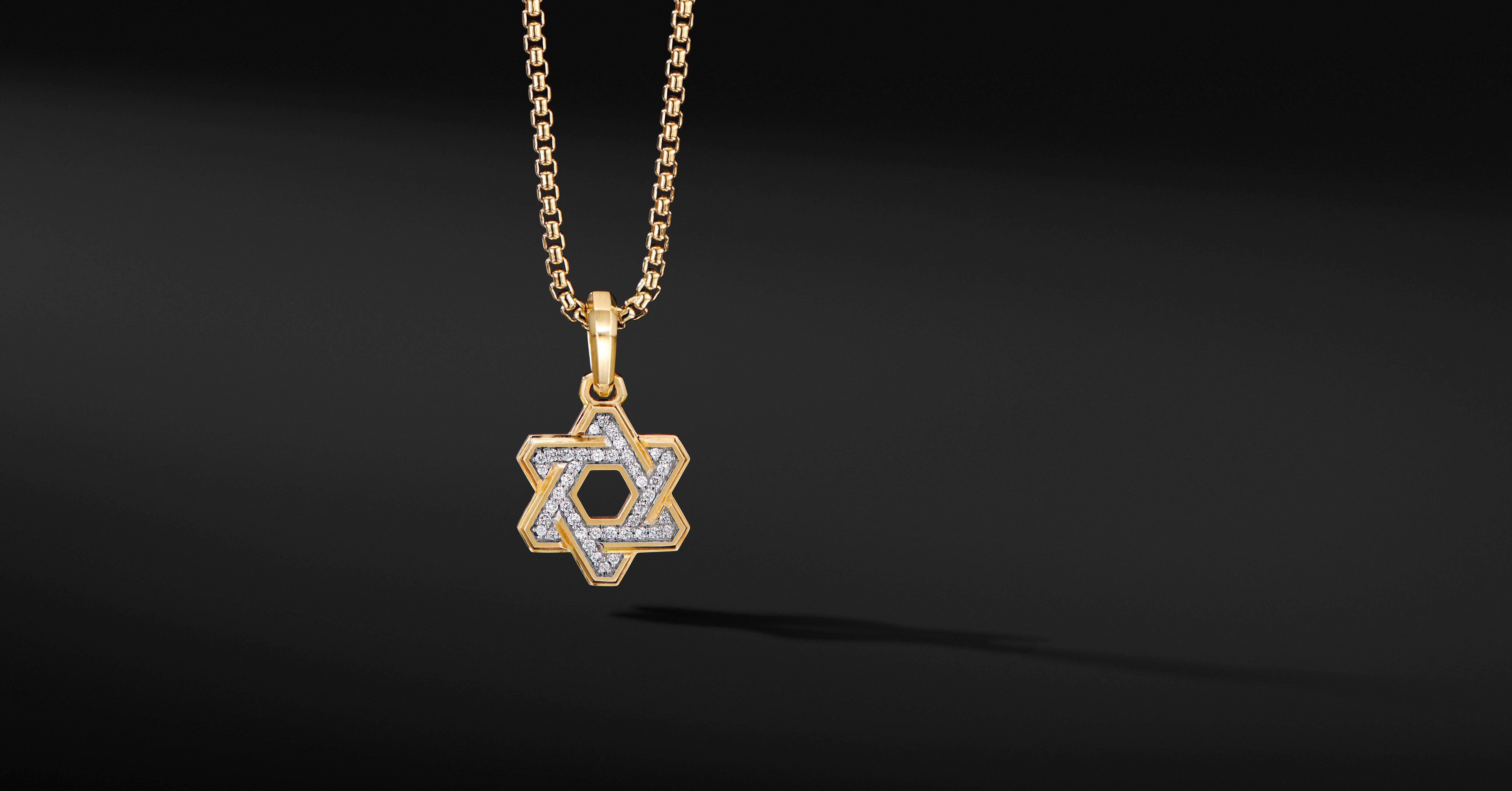 Deco Star of David Pendant in 18K Yellow Gold with Pavé Diamonds