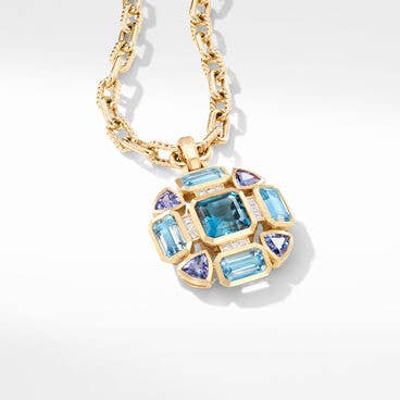 Novella Mosaic Pendant in 18K Yellow Gold with Blue Topaz, Hampton Blue Topaz, Tanzanite and Pavé Diamonds