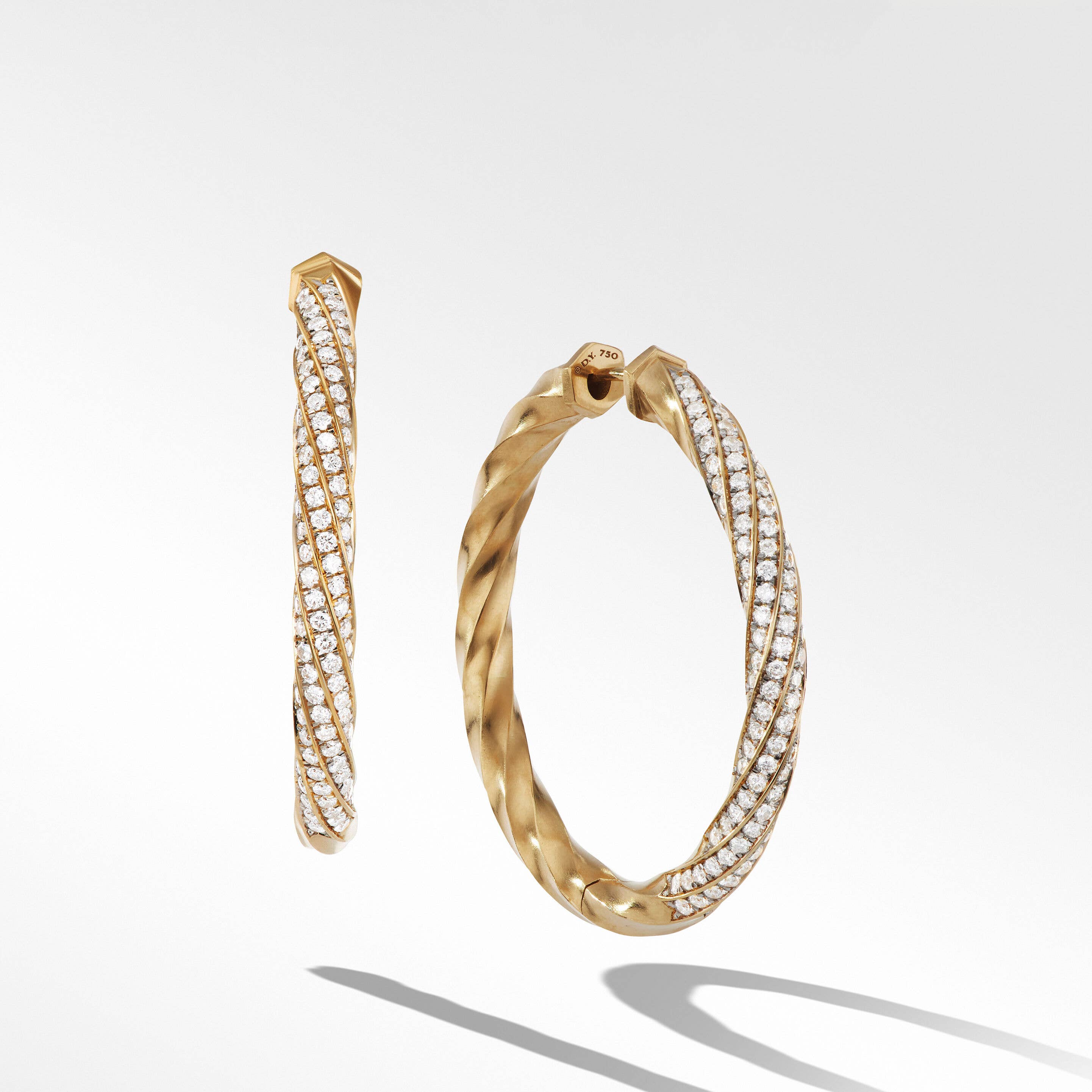 Cable Edge Hoop Earrings in Recycled 18K Yellow Gold with Diamonds, 1.5"