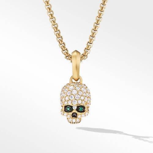 Memento Mori Skull Amulet with Full Pavé Diamonds, Emeralds and 18K Yellow Gold