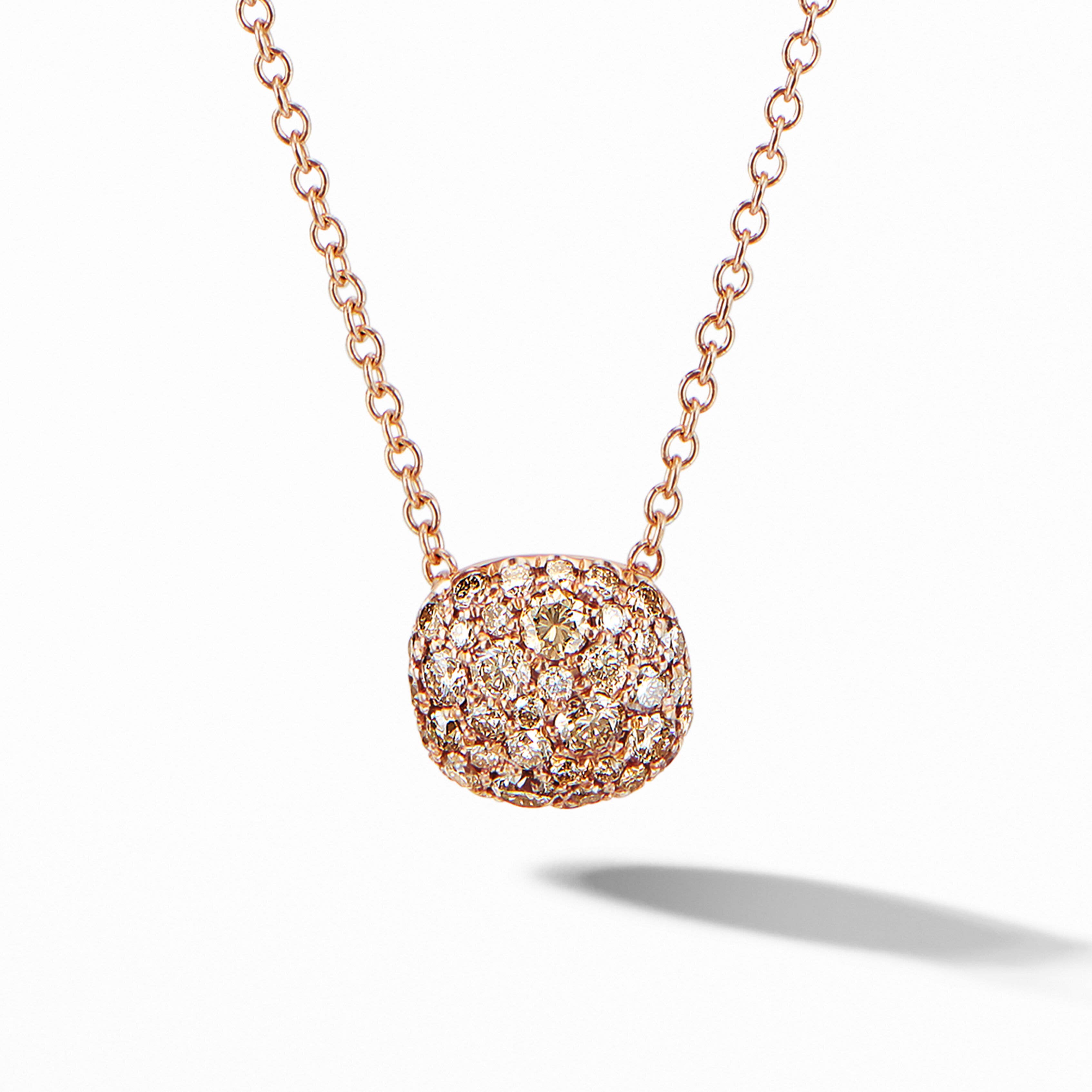 Cushion Stud Pendant Necklace in 18K Rose Gold with Pavé Cognac Diamonds