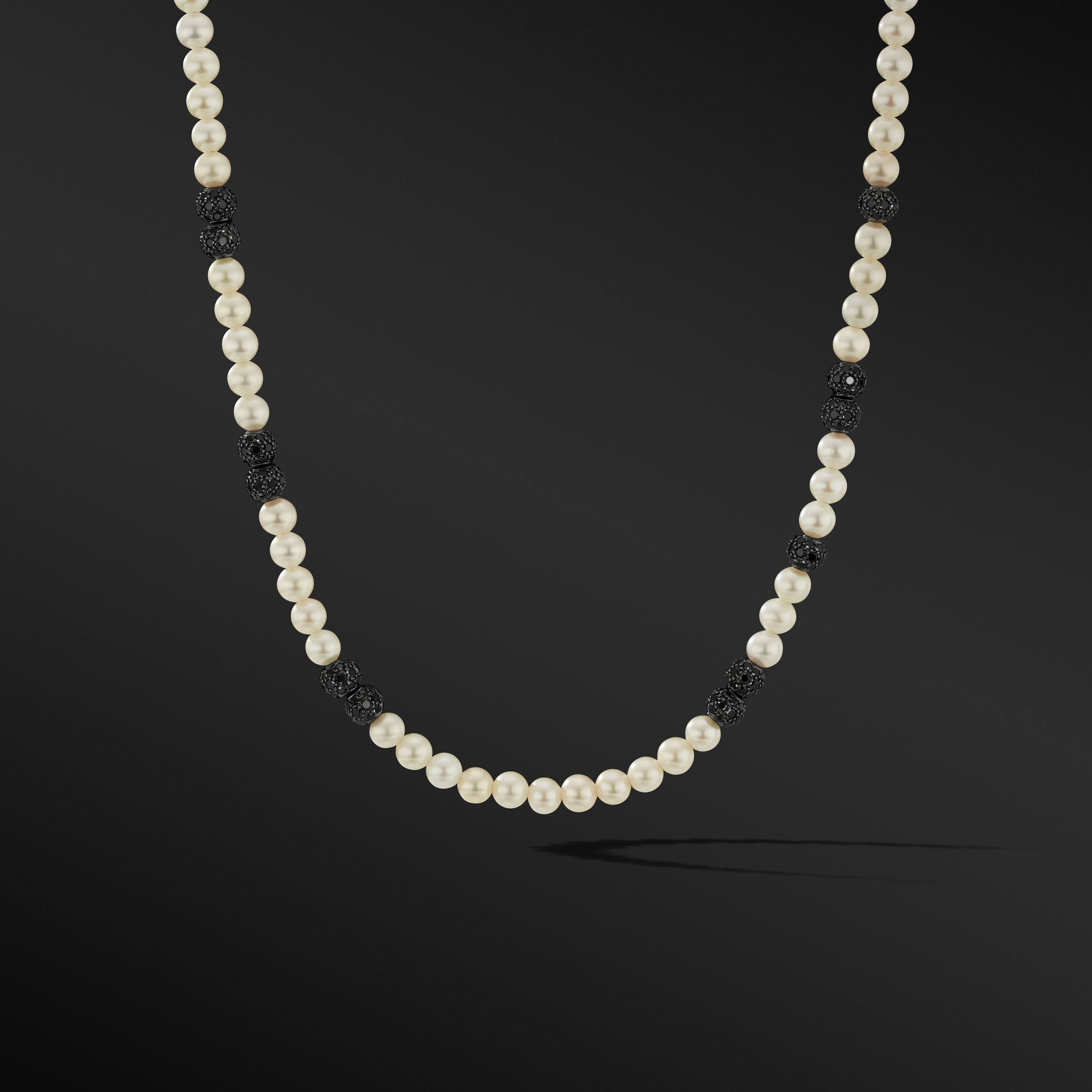 Spiritual Beads Necklace in Sterling Silver with Pearls and Pavé Black Diamonds