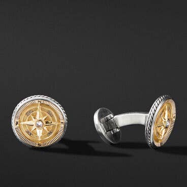 Maritime® Compass Cufflinks in Sterling Silver with 18K Yellow Gold and Center Diamond