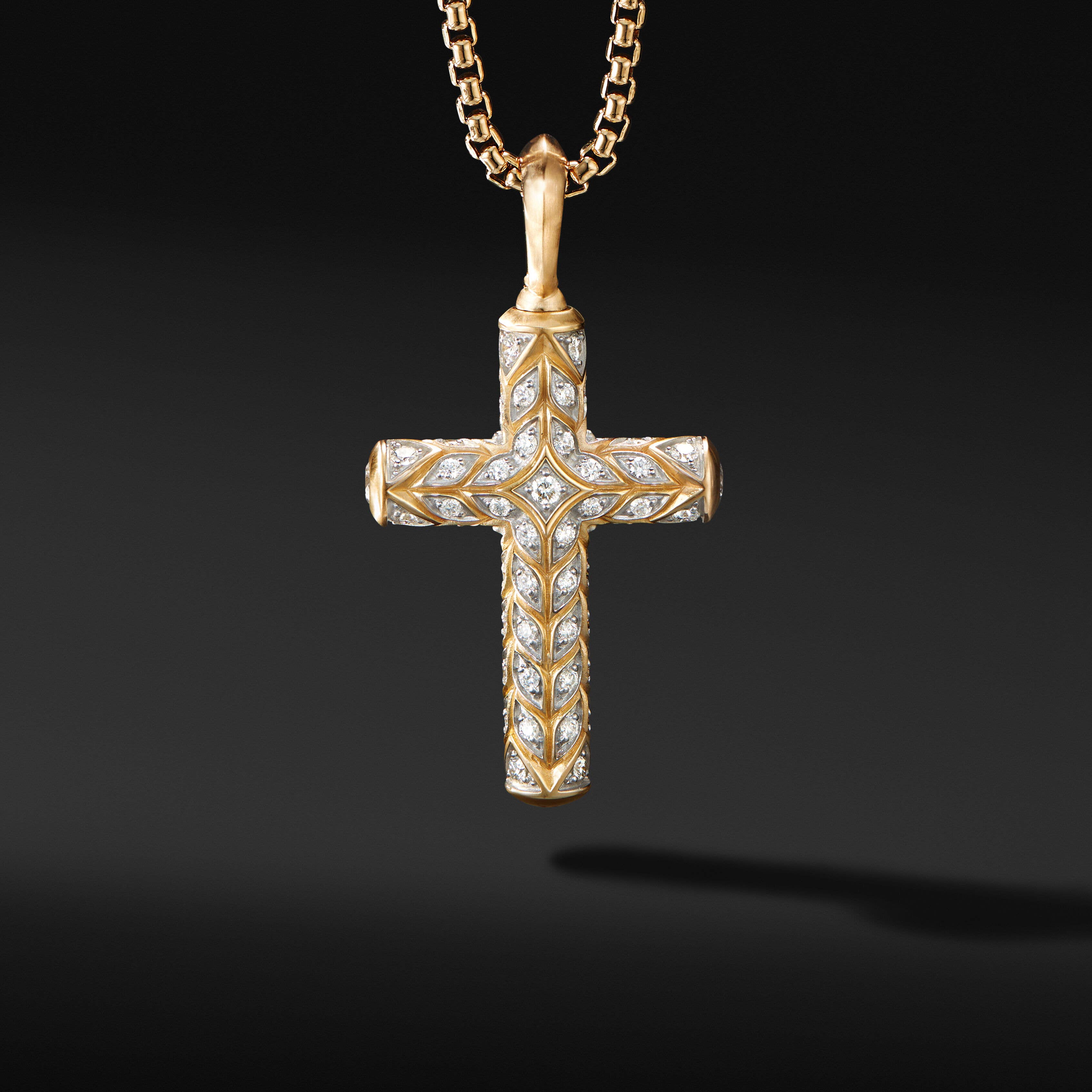 Chevron Cross Pendant in 18K Yellow Gold with Pavé Diamonds