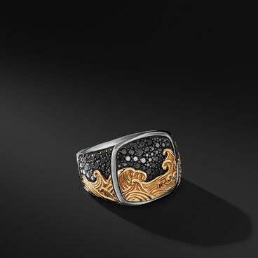 Waves Signet Ring in Sterling Silver with 18K Yellow Gold and Pavé Black Diamonds