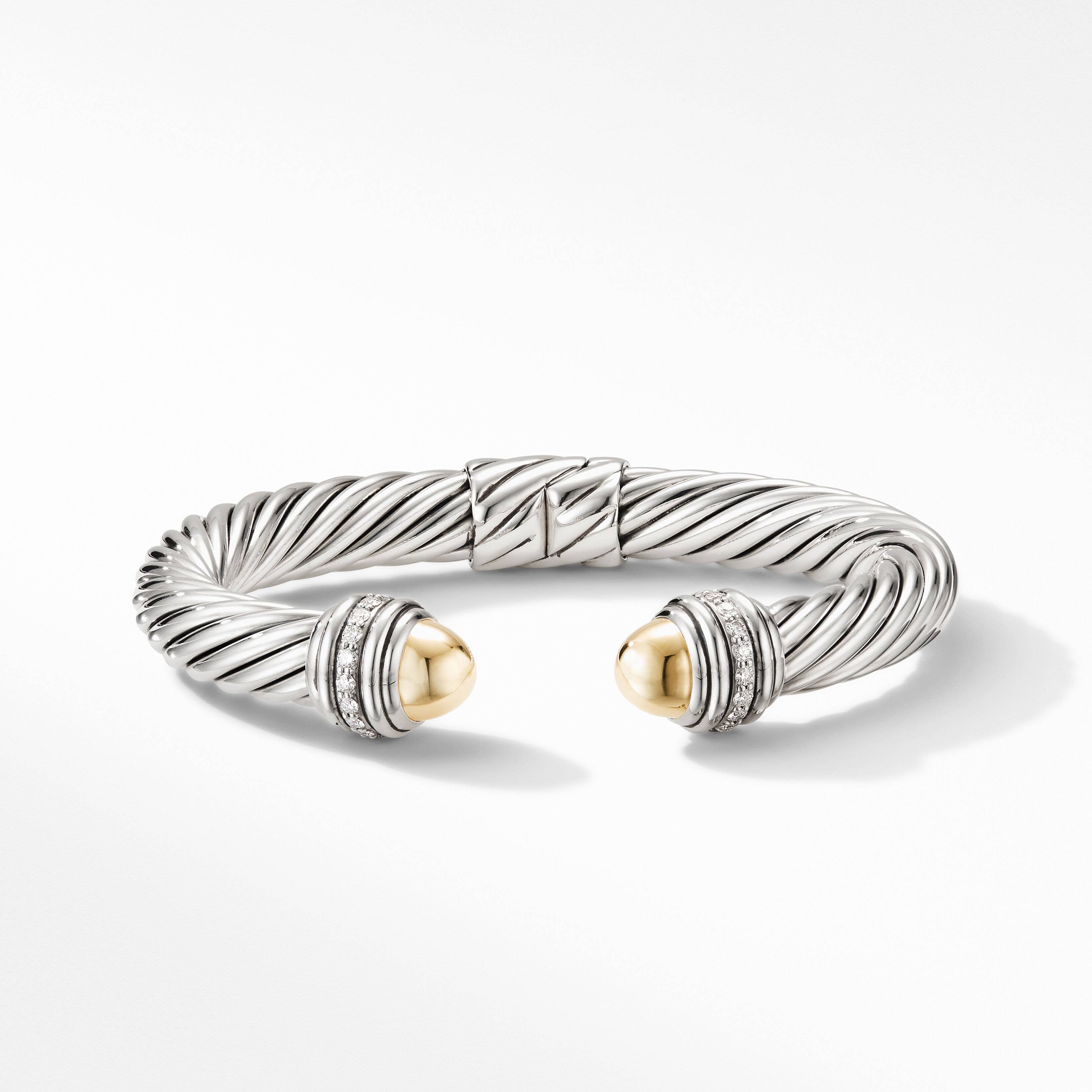 Cable Bracelet in Sterling Silver with 18K Yellow Gold Domes and Pavé Diamonds