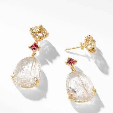 Chatelaine® Drop Earrings in 18K Yellow Gold with Rutilated Quartz, Champagne Citrine and Pink Tourmaline